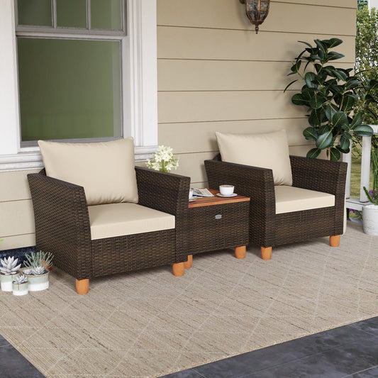 3 Pieces Patio Rattan Bistro Furniture Set with Wooden Table Top-Beige - Tampa Home & Garden Store