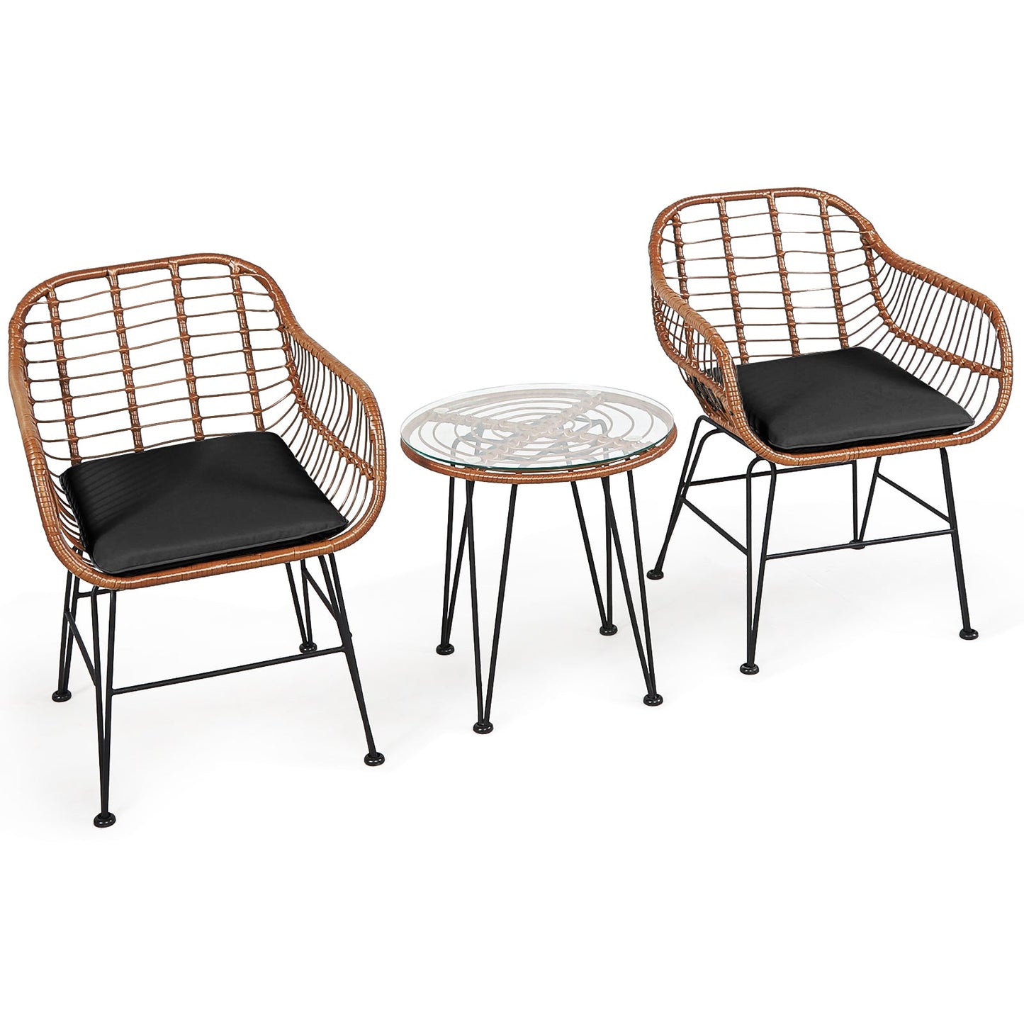 3 Pieces Patio Rattan Bistro Set with Cushion-Black