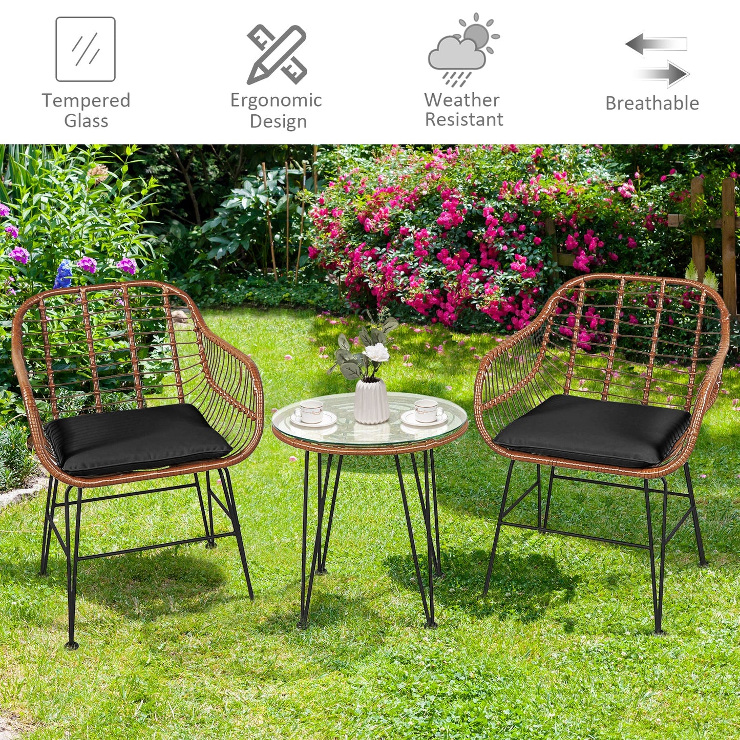 3 Pieces Patio Rattan Bistro Set with Cushion-Black