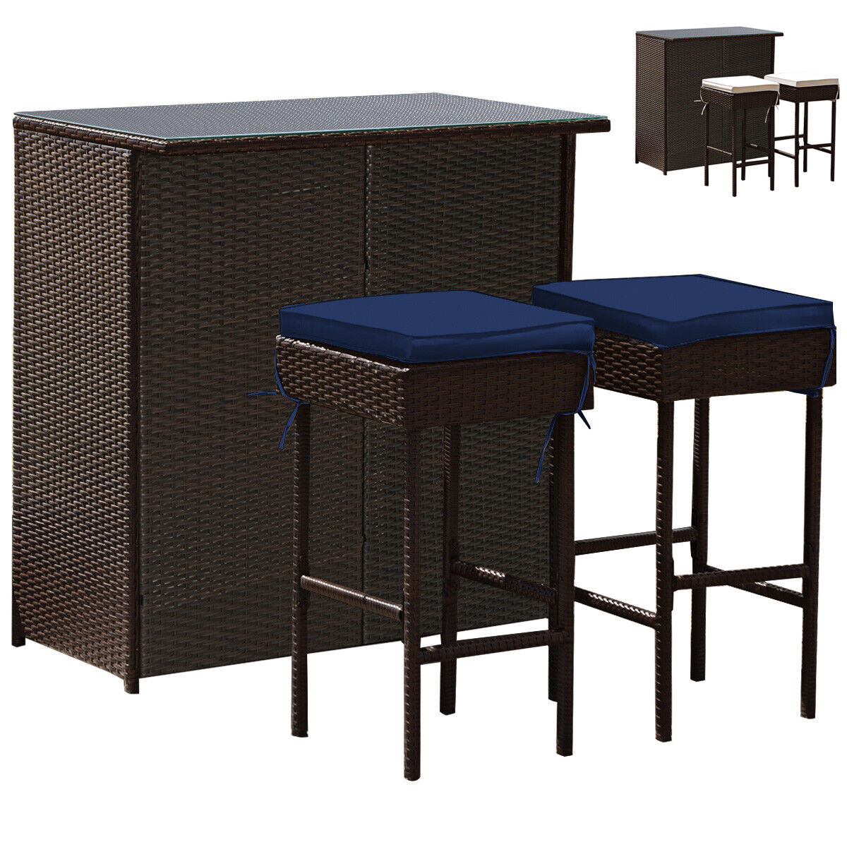Juego de comedor de 3 piezas para patio de mimbre con mesa alta y taburetes - Rojo