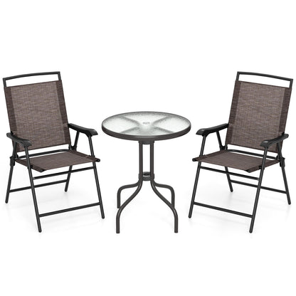 3 Pieces Patio Round Table and Folding Chairs Set with Rippled Tempered Glass Tabletop