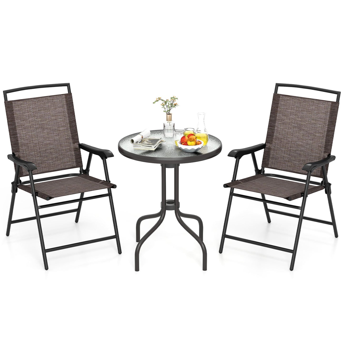 3 Pieces Patio Round Table and Folding Chairs Set with Rippled Tempered Glass Tabletop
