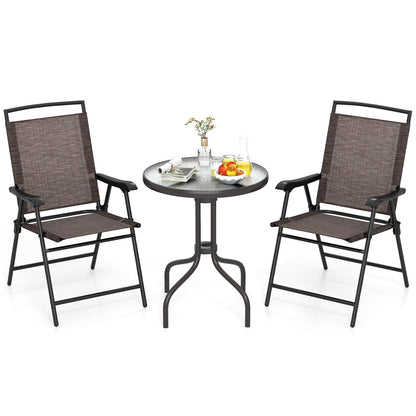 3 Pieces Patio Round Table and Folding Chairs Set with Rippled Tempered Glass Tabletop