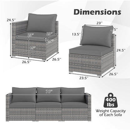3 Pieces Patio Sectional Sofa Set PE Rattan Modular Couch Furniture Set with Soft Cushions