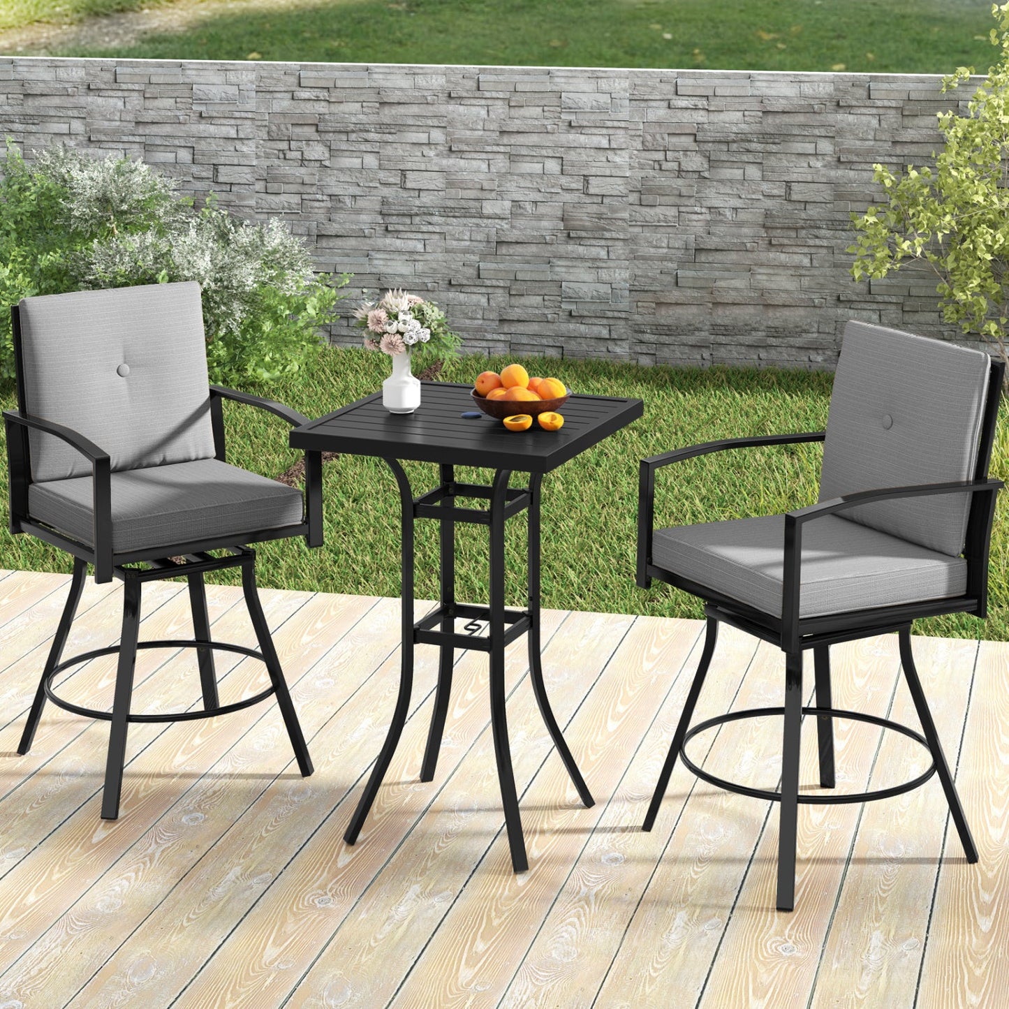 3-Piece Patio Swivel Bar Set with Cushions; black metal frames, 2 chairs and table on Tampa Home & Garden Store