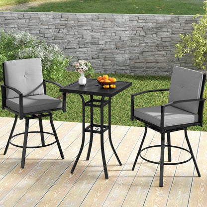 3-Piece Patio Swivel Bar Set with Cushions; black metal frames, 2 chairs and table on Tampa Home & Garden Store