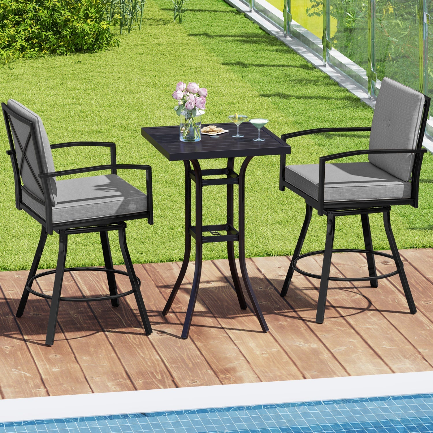 3-Piece Patio Swivel Bar Set with gray cushions and black metal frames, square table on Tampa Home & Garden Store
