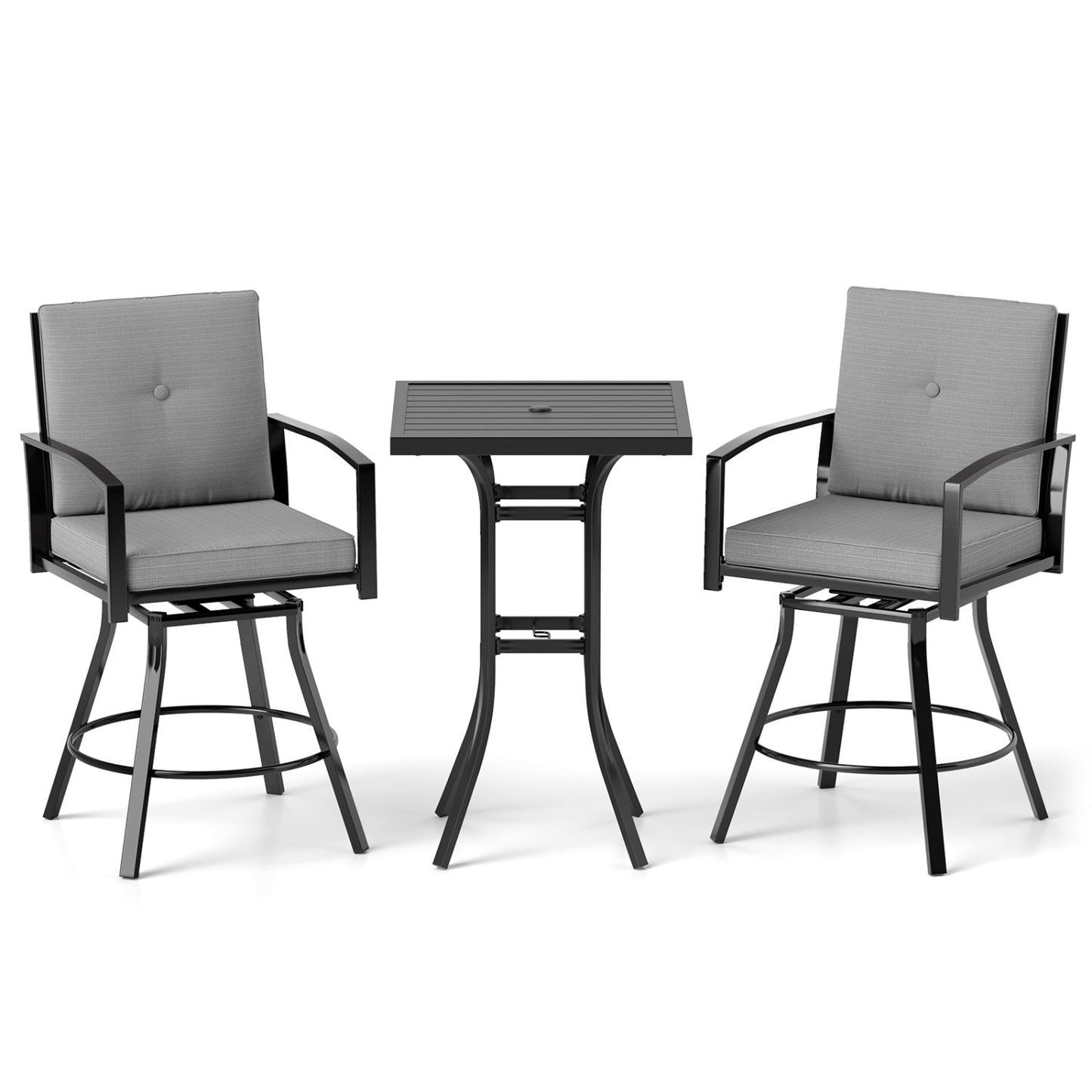 3-Piece Patio Swivel Bar Set with Cushions and Umbrella Hole; two gray chairs and a square table on Tampa Home & Garden Store