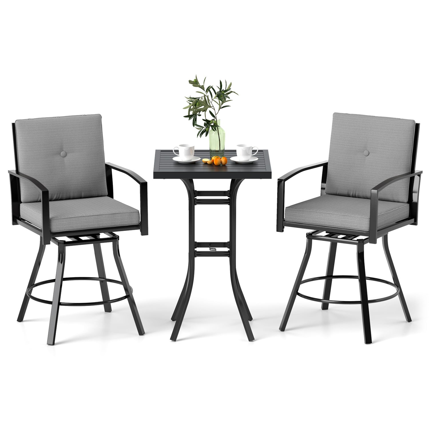 3-Piece Patio Swivel Bar Set with Cushions and umbrella hole, gray cushions on black metal frame on Tampa Home & Garden Store