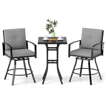 3-Piece Patio Swivel Bar Set with Cushions and umbrella hole, gray cushions on black metal frame on Tampa Home & Garden Store
