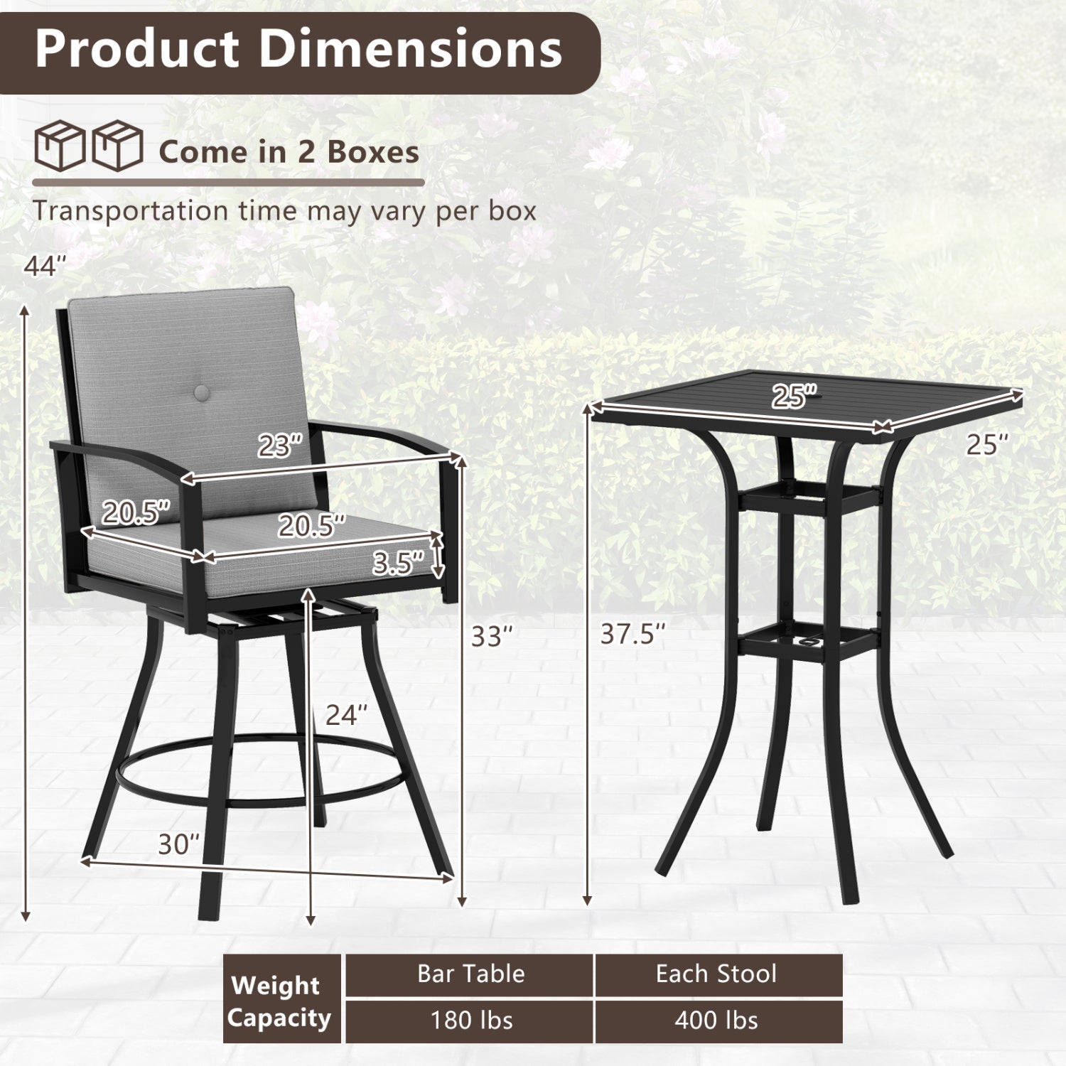 DirectDeals 3-Piece Patio Swivel Bar Set; cushions, umbrella hole, 25 in table, black frame on Tampa Home & Garden Store