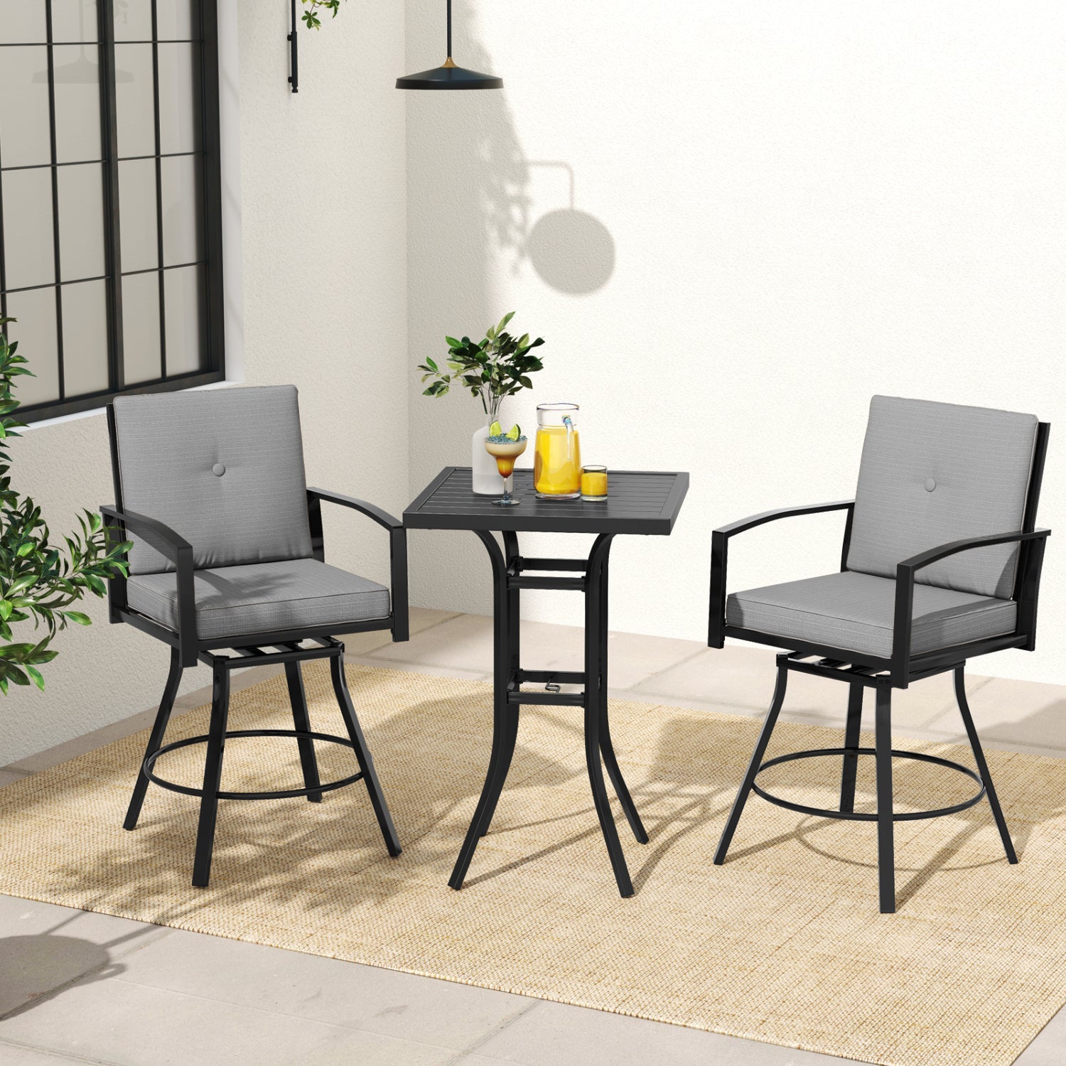 3-Piece Patio Swivel Bar Set by DirectDeals with gray Cushions and Umbrella Hole and two chairs on Tampa Home & Garden Store