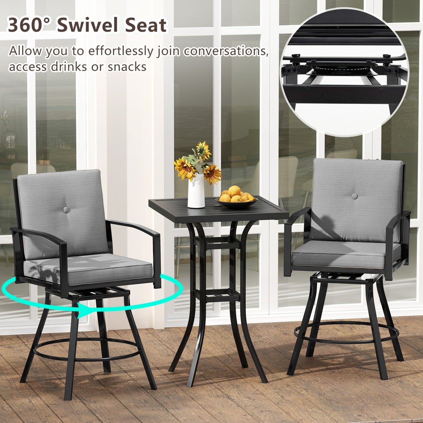 DirectDeals 3-Piece Patio Swivel Bar Set with Cushions umbrella hole 2 swivel chairs black metal on Tampa Home & Garden Store