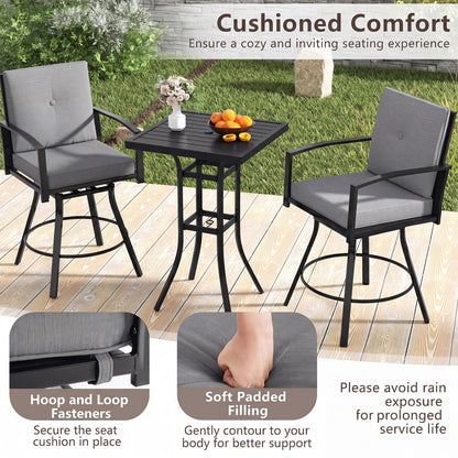 3-Piece Patio Swivel Bar Set with Cushions & Umbrella Hole DirectDeals, black frame, 2 chairs on Tampa Home & Garden Store
