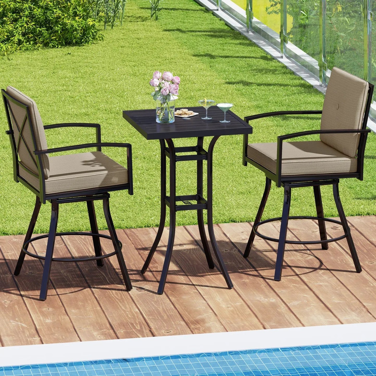 Brown 3 Piece Patio Swivel Bar Set Soft Cushions