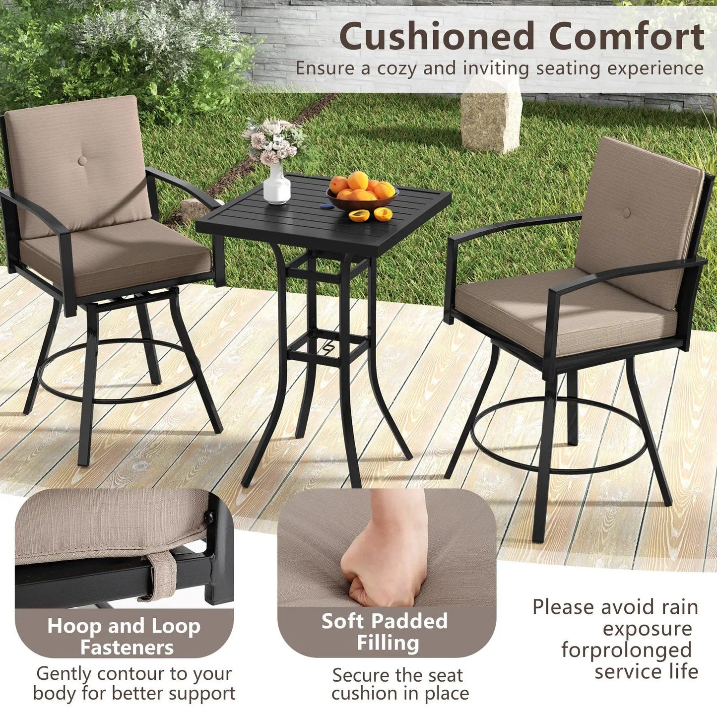 Brown 3 Piece Patio Swivel Bar Set Soft Cushions