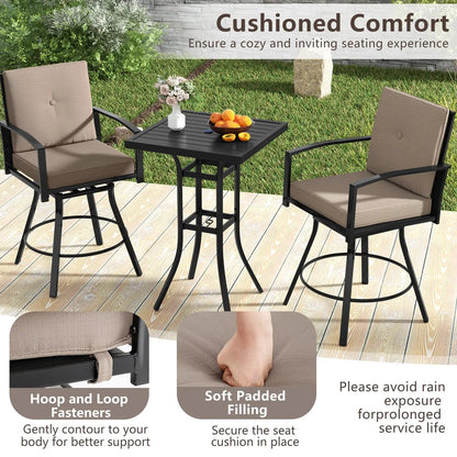 Brown 3 Piece Patio Swivel Bar Set Soft Cushions