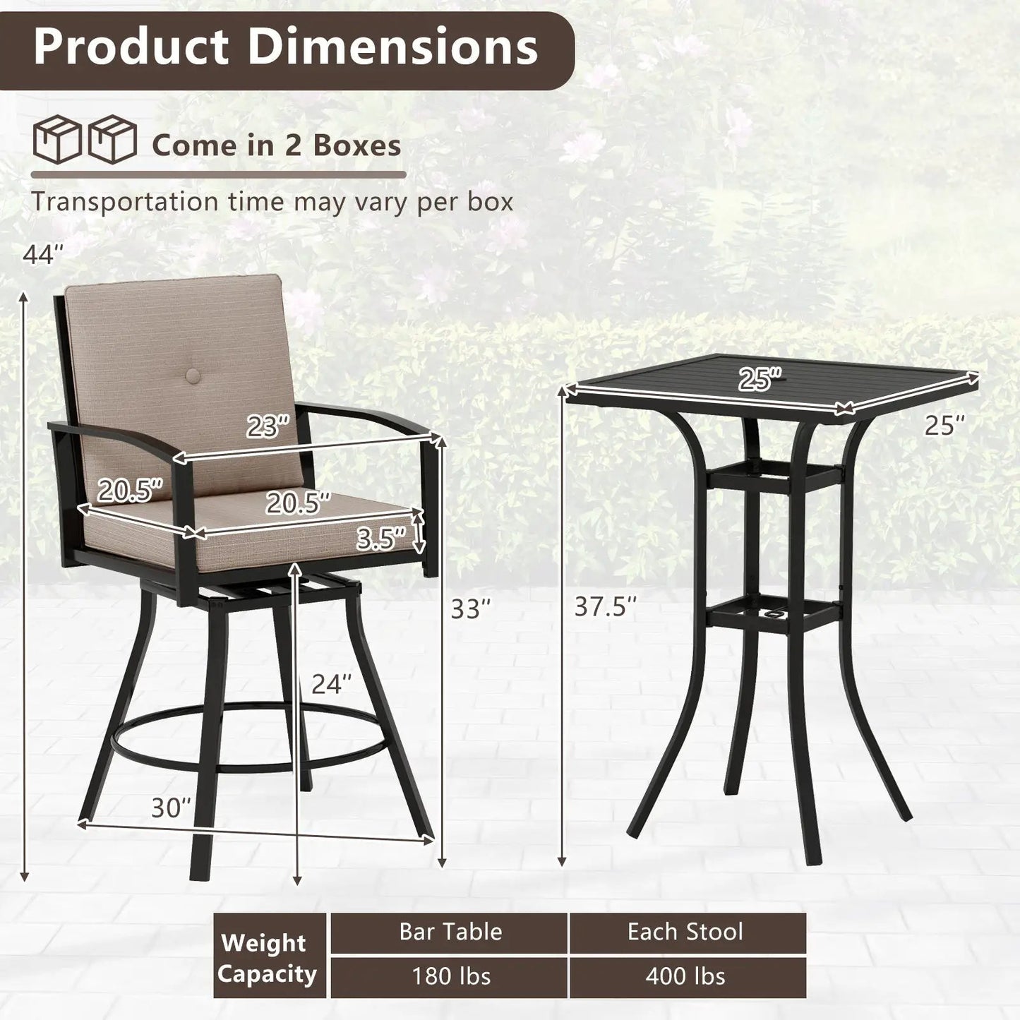 Brown 3 Piece Patio Swivel Bar Set Soft Cushions