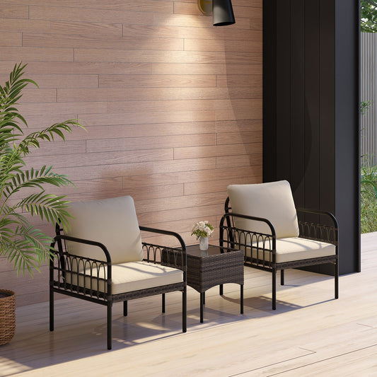 3 Pieces Patio Wicker Conversation Set with Cushions and Tempered Glass Coffee Table-Beige - Tampa Home & Garden Store
