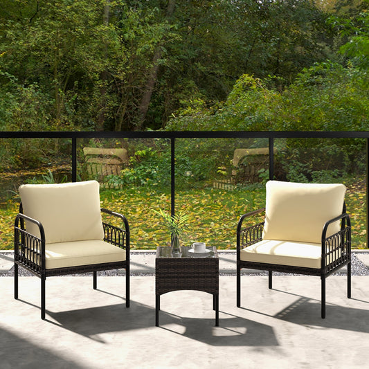 3 Pieces Patio Wicker Conversation Set with Cushions and Tempered Glass Coffee Table-Beige - Tampa Home & Garden Store