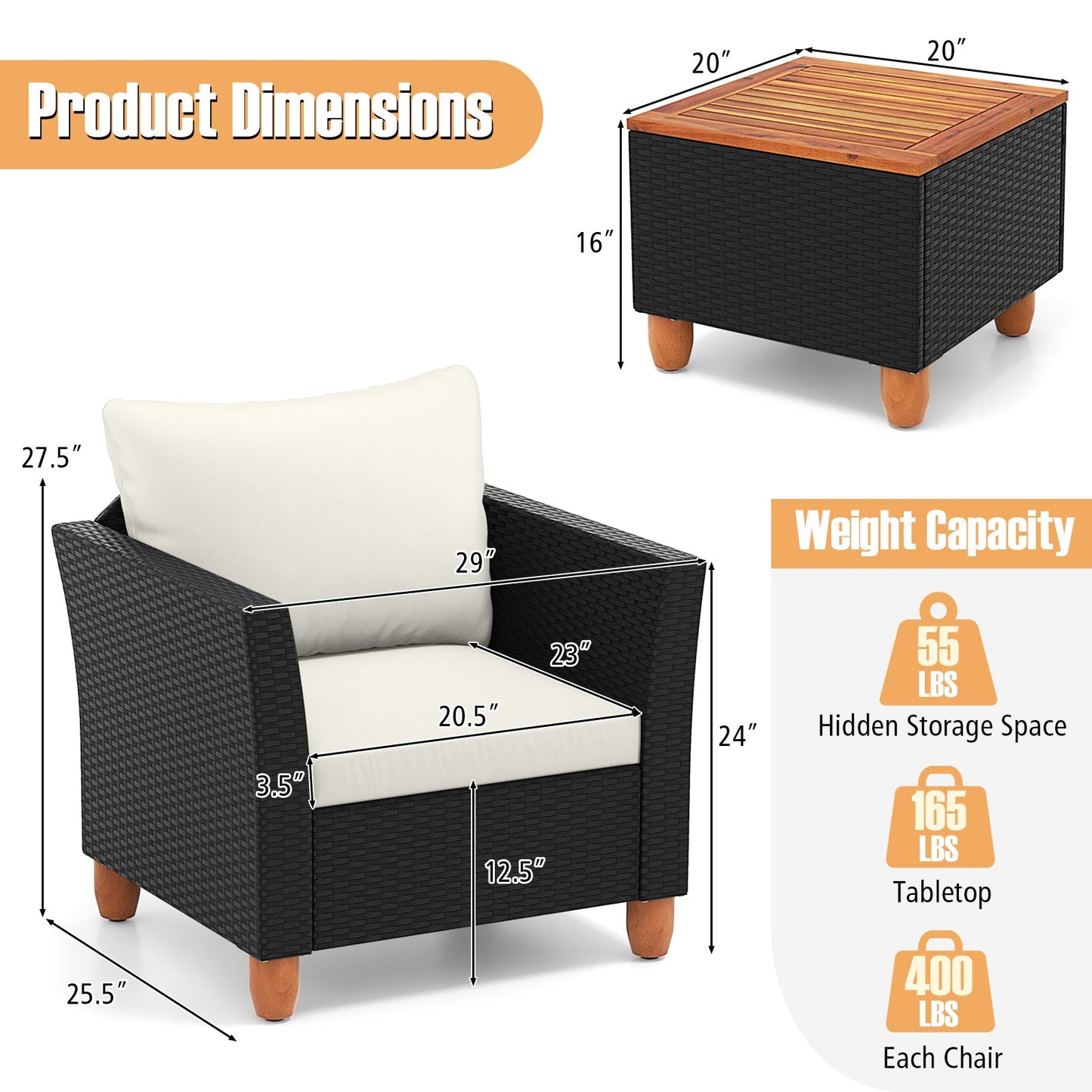 3 Pieces Outdoor Patio Rattan Furniture Set with Coffee Table-White
