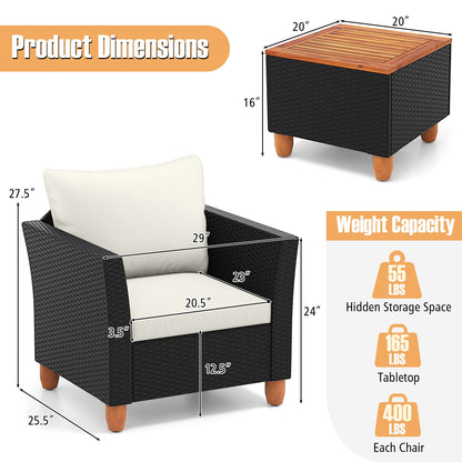3 Pieces Outdoor Patio Rattan Furniture Set with Coffee Table-White