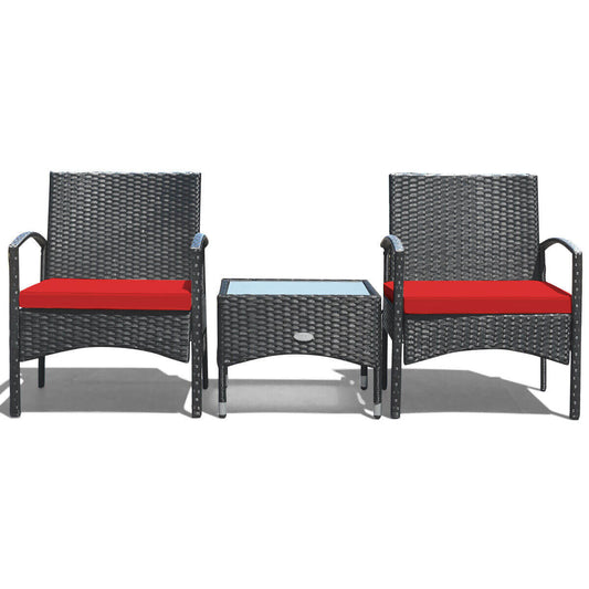 3 Pieces Patio Wicker Rattan Furniture Set with Cushion for Lawn Backyard-Red - Tampa Home & Garden Store