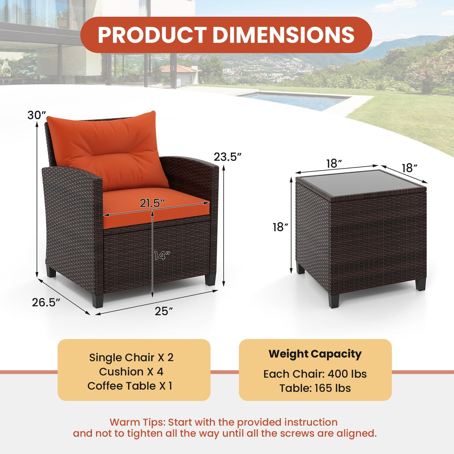 3 Pcs Patio Rattan Furniture Set Cushioned Conversation Set Coffee Table -Black