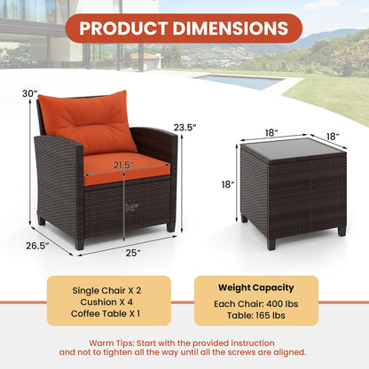 3 Pcs Patio Rattan Furniture Set Cushioned Conversation Set Coffee Table -Black