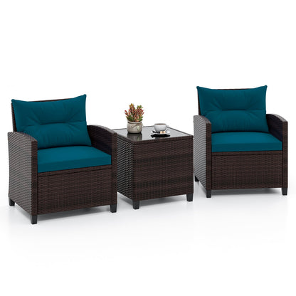 3 Pcs Patio Rattan Furniture Set Cushioned Conversation Set Coffee Table -Black