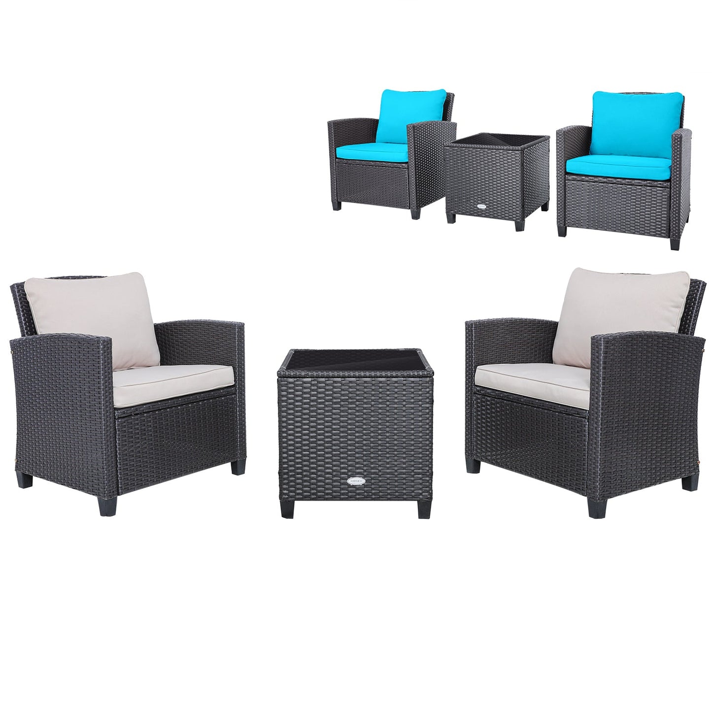 3 Pcs Patio Rattan Furniture Set Cushioned Conversation Set Coffee Table -Black
