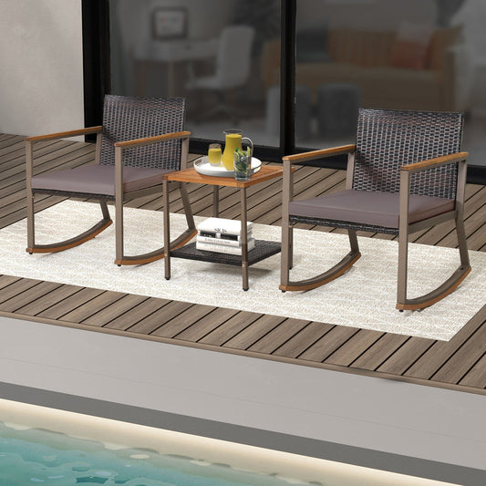 3 Pieces Rattan Rocking Bistro Set with Coffee Table and Cushions-Gray - Tampa Home & Garden Store