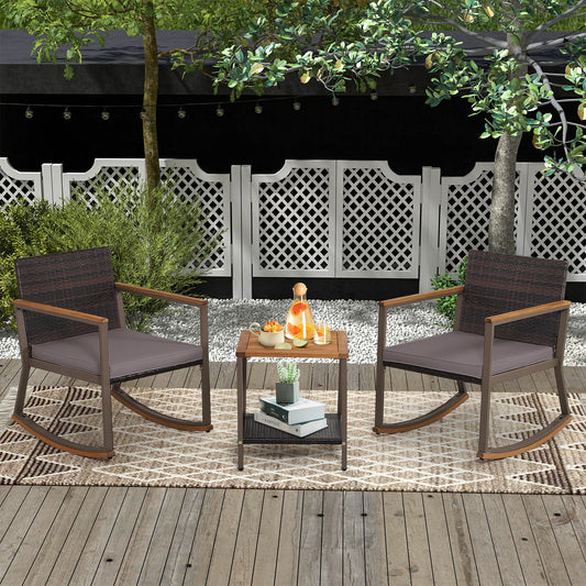 3 Pieces Rattan Rocking Bistro Set with Coffee Table and Cushions-Gray - Tampa Home & Garden Store