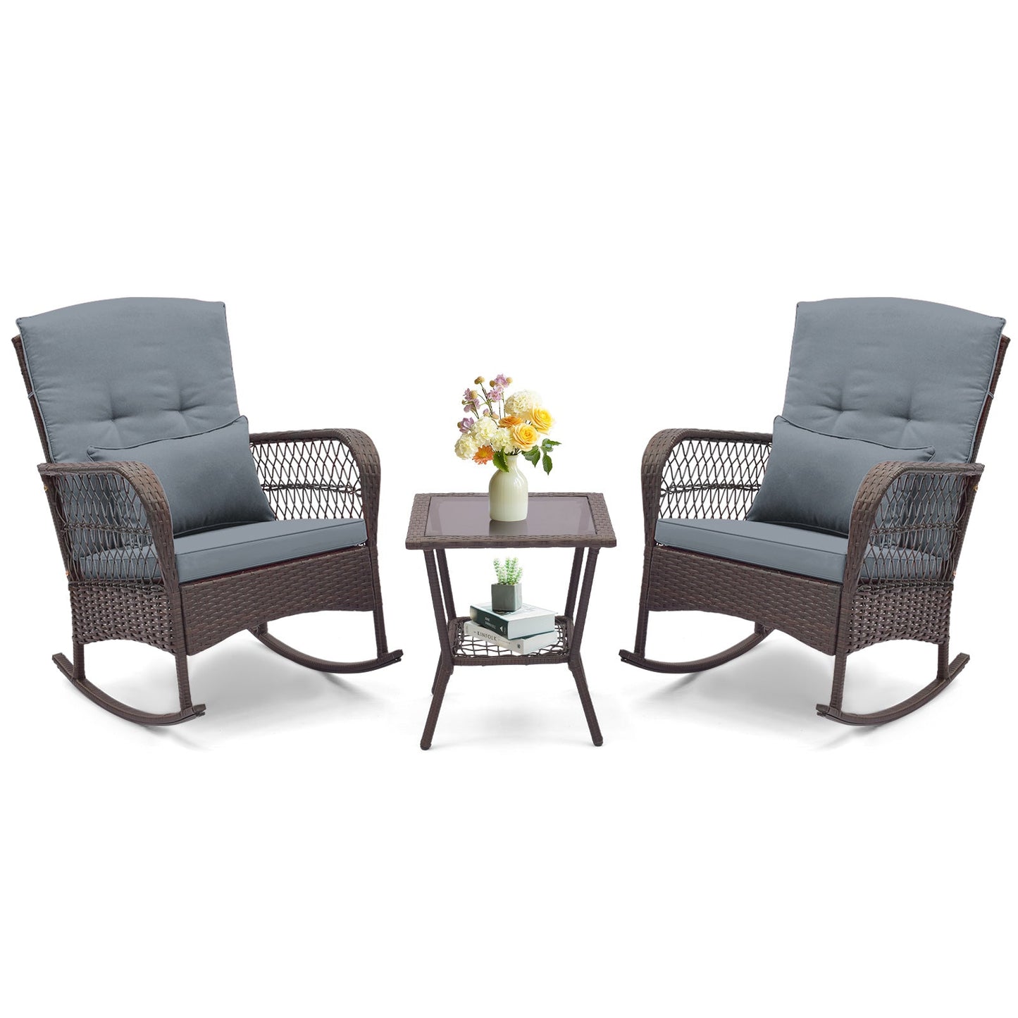 3 Pieces Rocking Bistro Set with 2-Tier Coffee Table