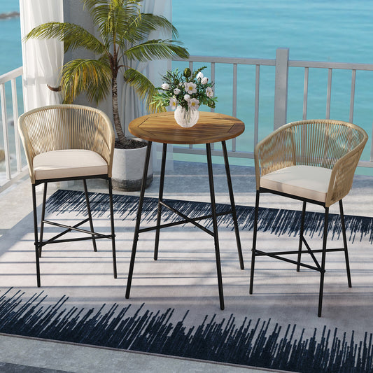 3 Pieces Rope Woven Patio Bar Set with Soft Cushions and Acacia Wood Tabletop-Beige - Tampa Home & Garden Store