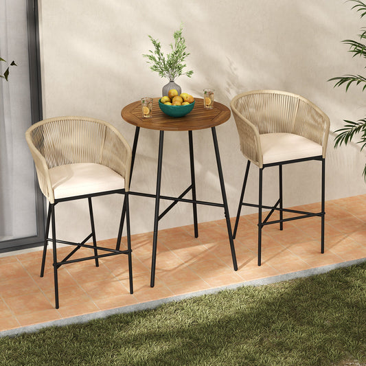 3 Pieces Rope Woven Patio Bar Set with Soft Cushions and Acacia Wood Tabletop-Beige - Tampa Home & Garden Store