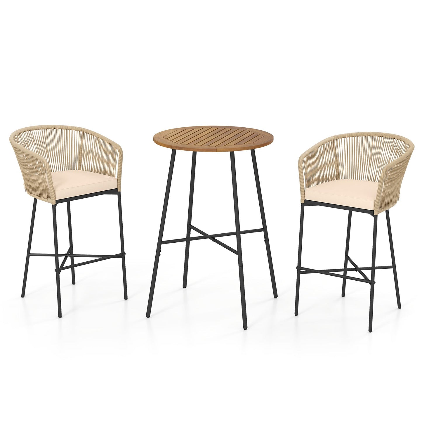 3 Pieces Rope Woven Patio Bar Set with Soft Cushions and Acacia Wood Tabletop-Beige