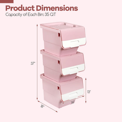 3 Pieces Storage Bins on Wheels Stackable Plastic Boxes with Stay-Open Lid (M)