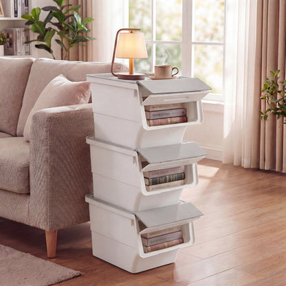 3 Pieces Storage Bins on Wheels Stackable Plastic Boxes with Stay-Open Lid (M)