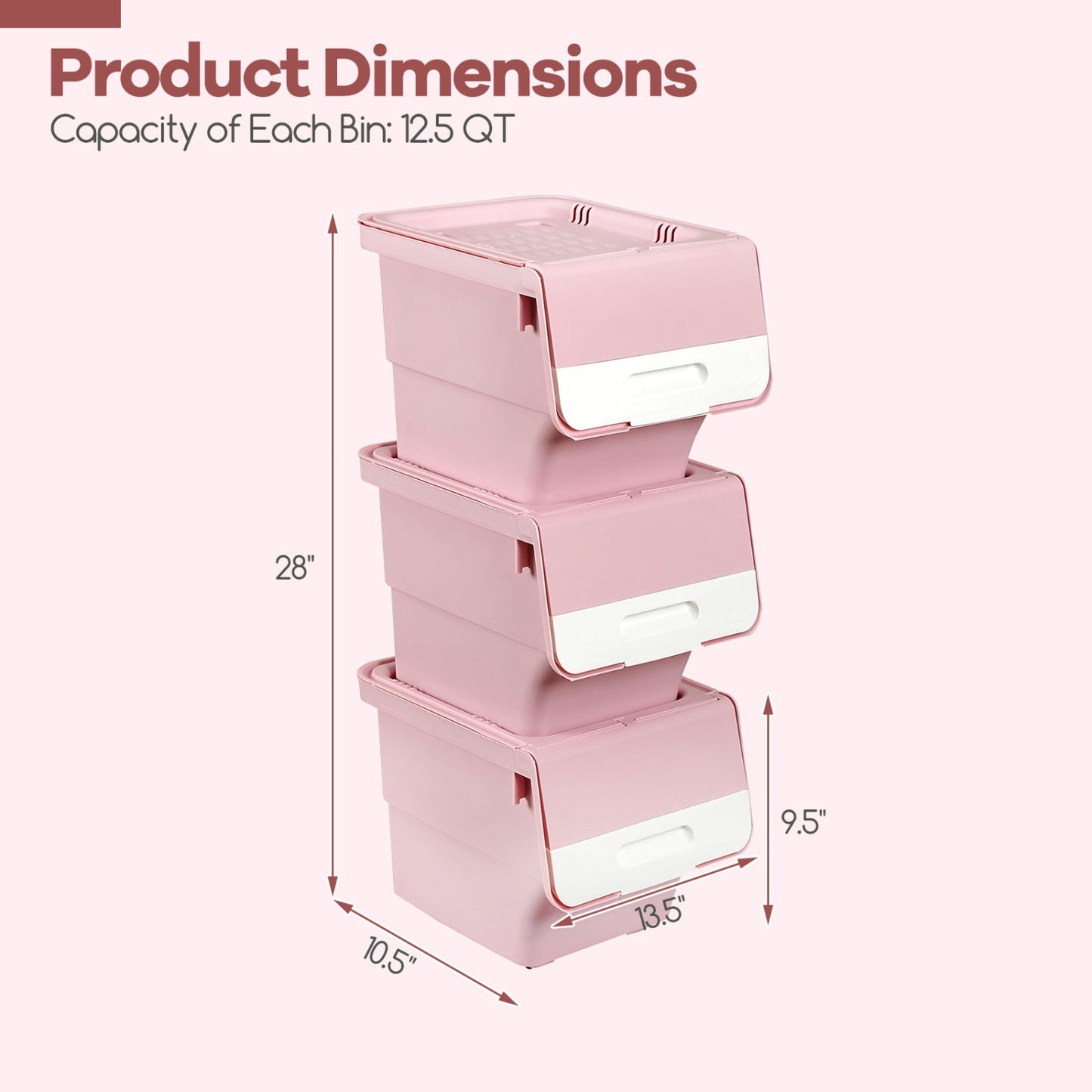 3 Pieces Storage Bins on Wheels Stackable Plastic Boxes with Stay-Open Lid (S)