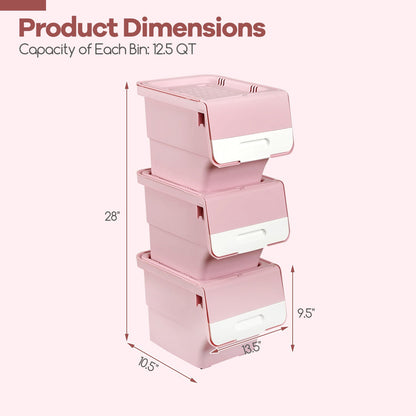 3 Pieces Storage Bins on Wheels Stackable Plastic Boxes with Stay-Open Lid (S)