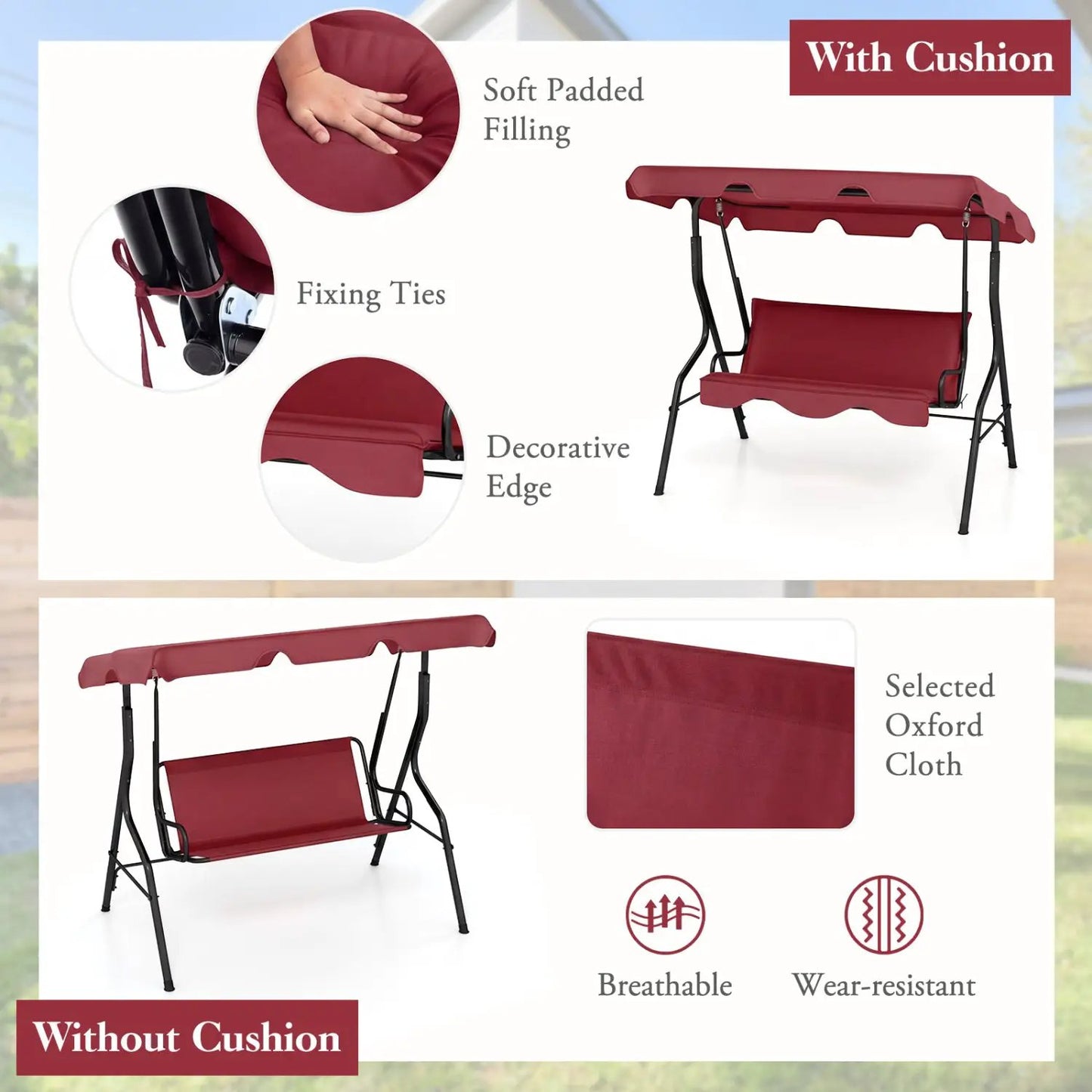 Three Seat Porch Swing with Canopy and Cushions