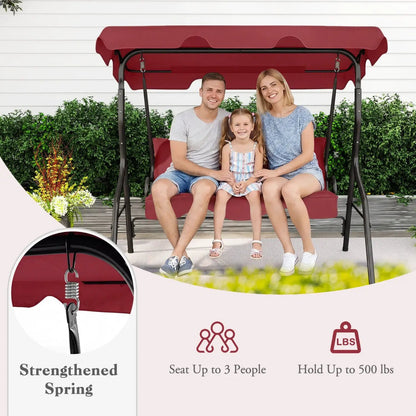 Three Seat Porch Swing with Canopy and Cushions