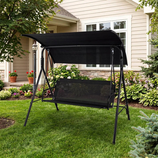 DirectDeals 3-Seat Patio Swing Chair with Adjustable Canopy, black metal frame outdoors on Tampa Home & Garden Store