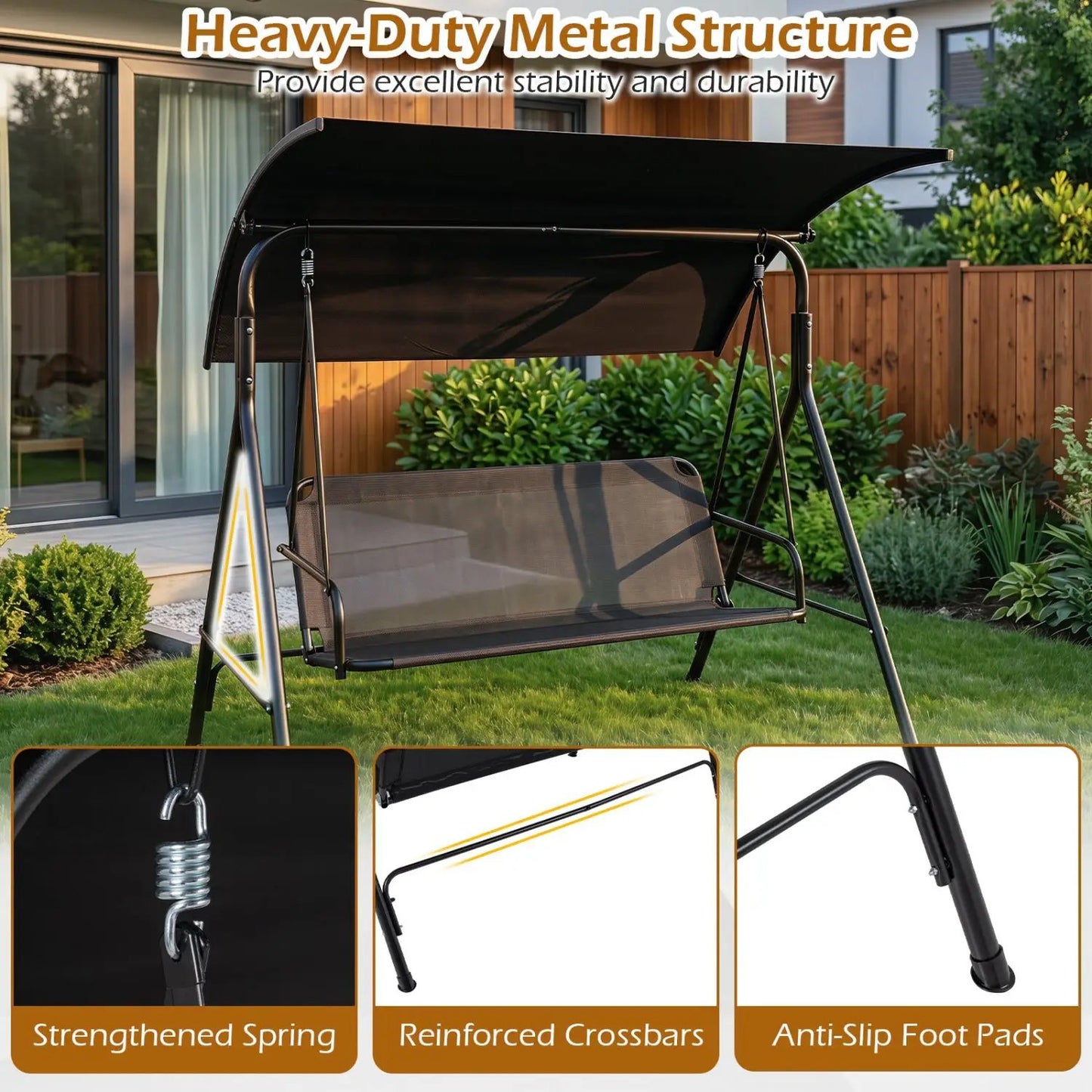 3-Seat Patio Swing Chair With Adjustable Canopy