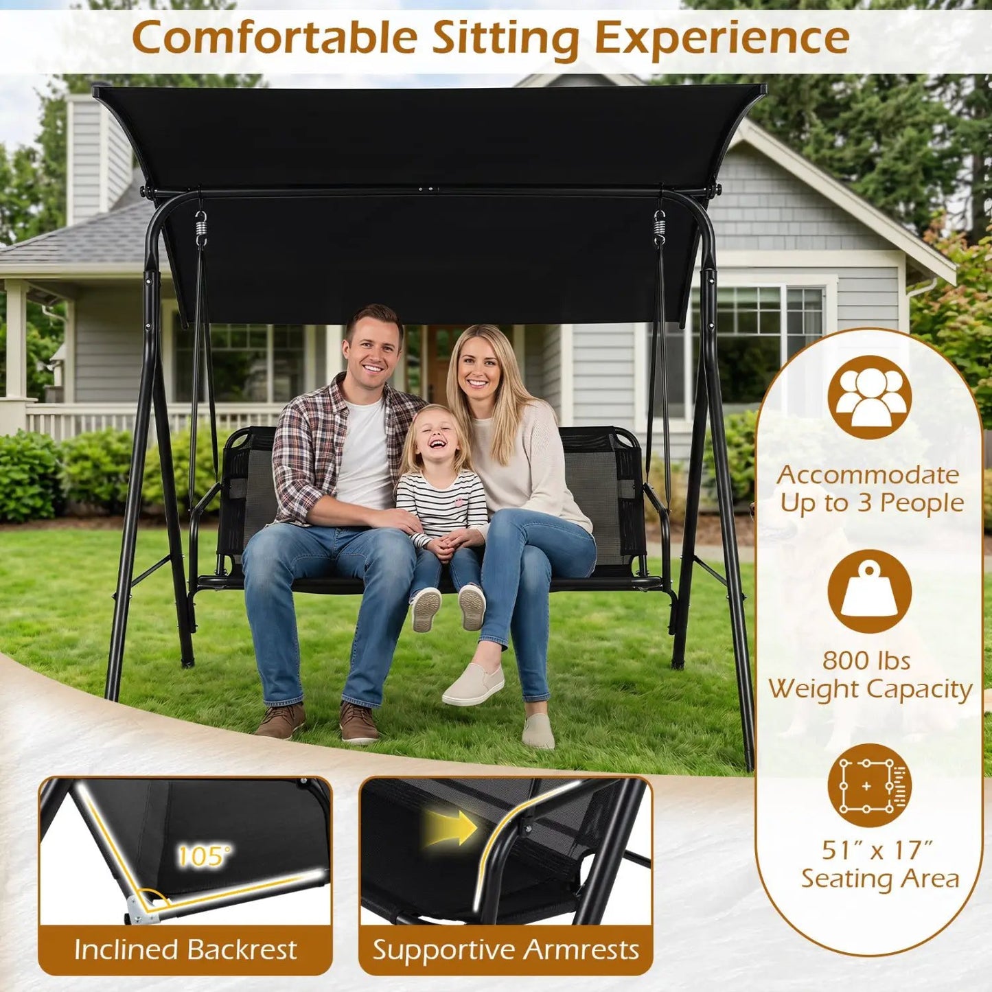 3-Seat Patio Swing Chair With Adjustable Canopy