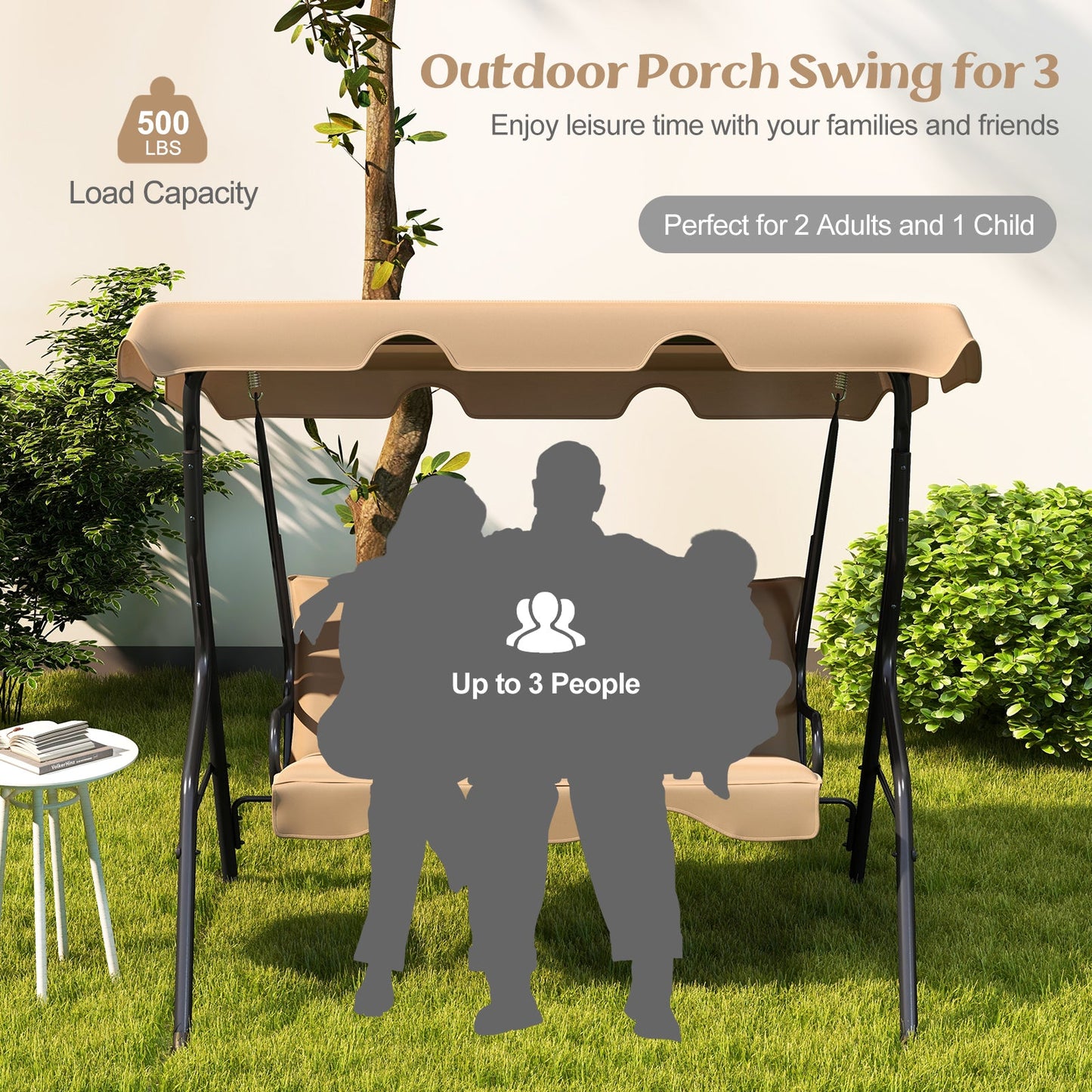 3 Seat Outdoor Patio Canopy Swing with Cushioned Steel Frame-Beige