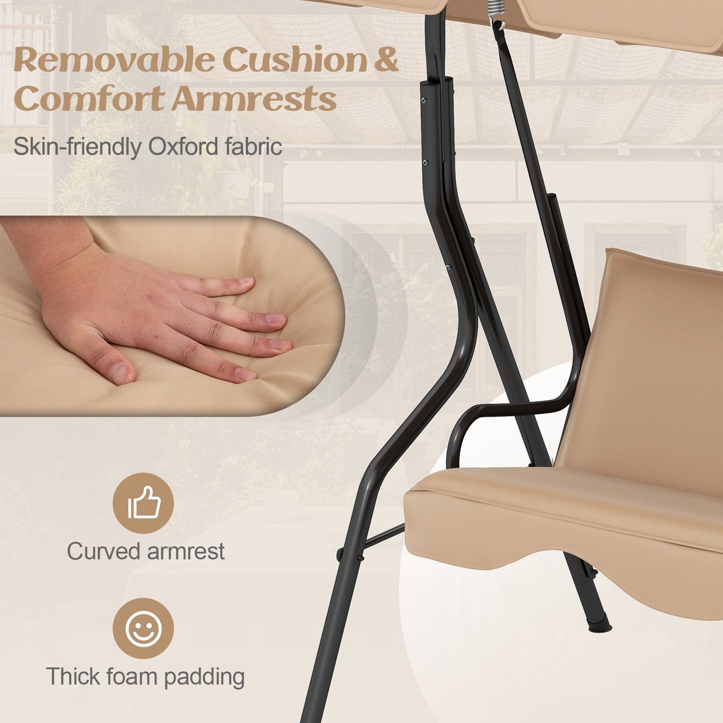 3 Seat Outdoor Patio Canopy Swing with Cushioned Steel Frame-Beige