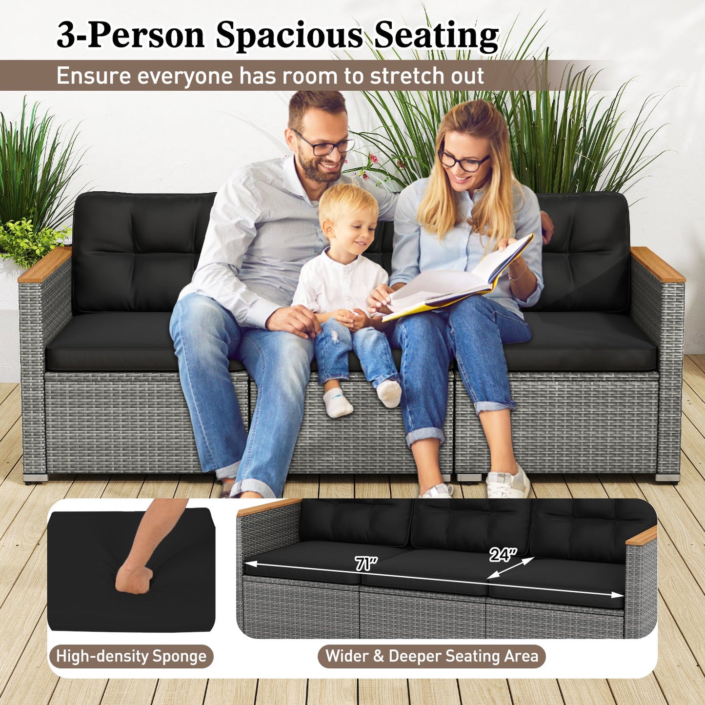 3-Seat Patio Couch Sofa PE Rattan Loveseat Furniture Set with Deep Seating and Cushion-Mix Grey