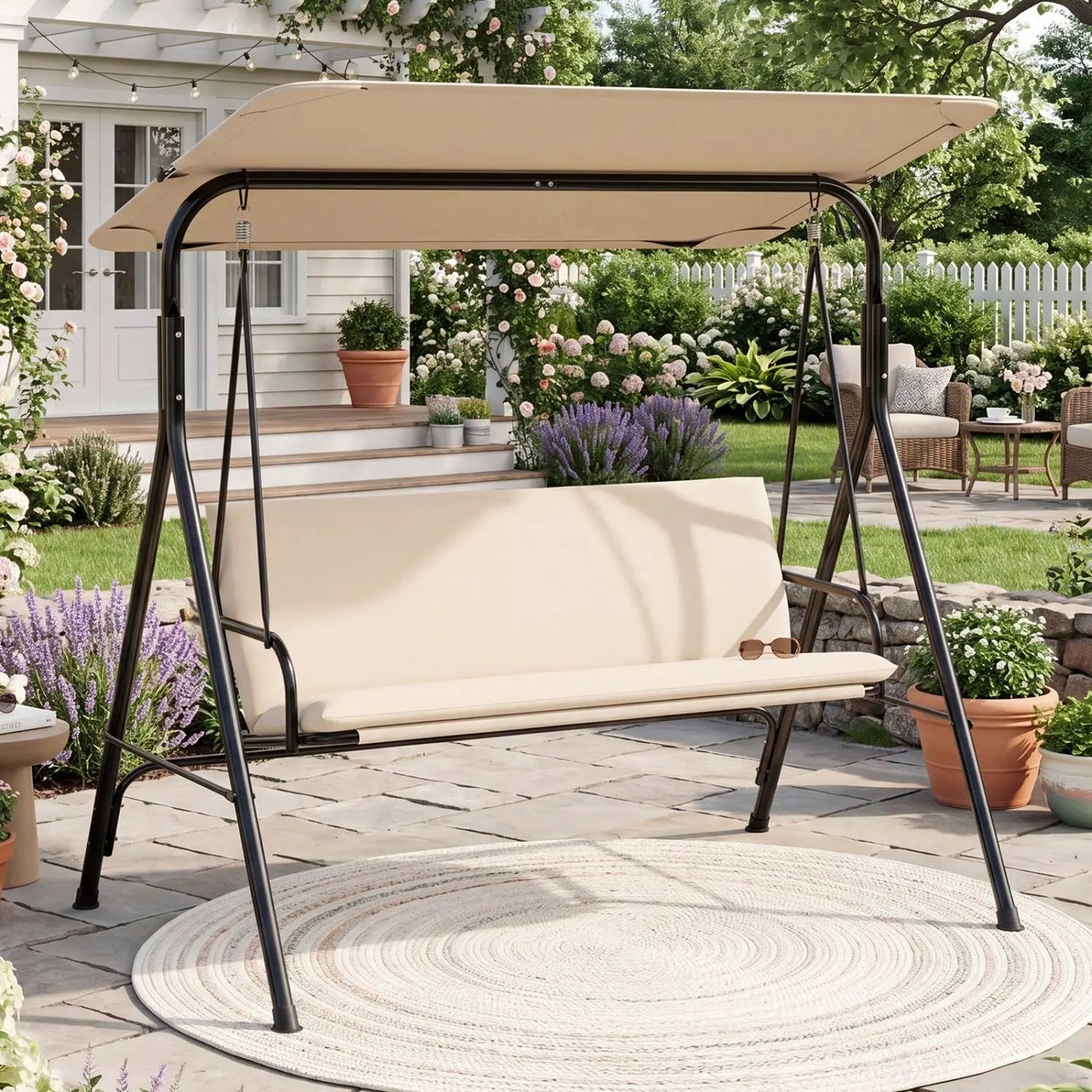 3-Seat Patio Swing Chair and Adjustable Canopy